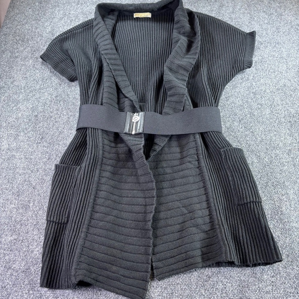 MICHAEL Michael Kors Ribbed Cardigan Women L Black Belted Short Sleeve Sweater